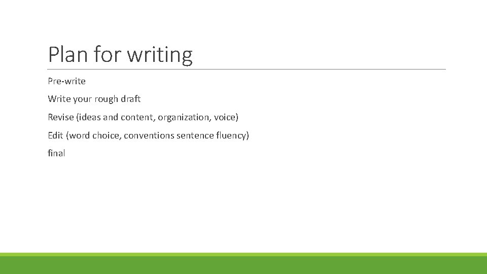 Plan for writing Pre-write Write your rough draft Revise (ideas and content, organization, voice)