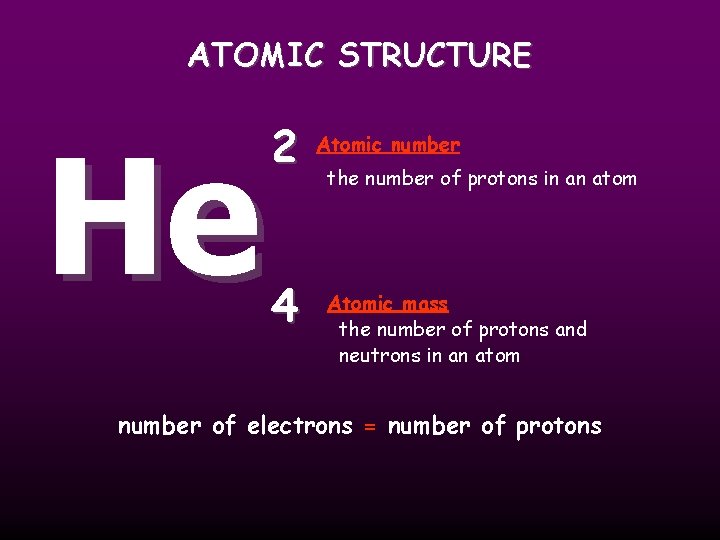 ATOMIC STRUCTURE He 2 4 Atomic number the number of protons in an atom