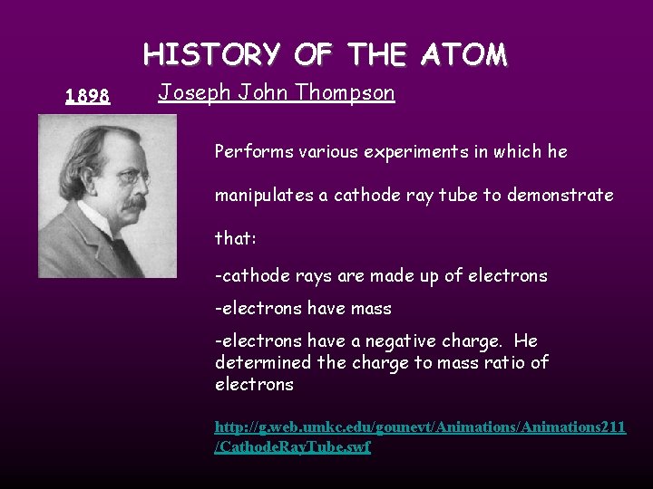 HISTORY OF THE ATOM 1898 Joseph John Thompson Performs various experiments in which he