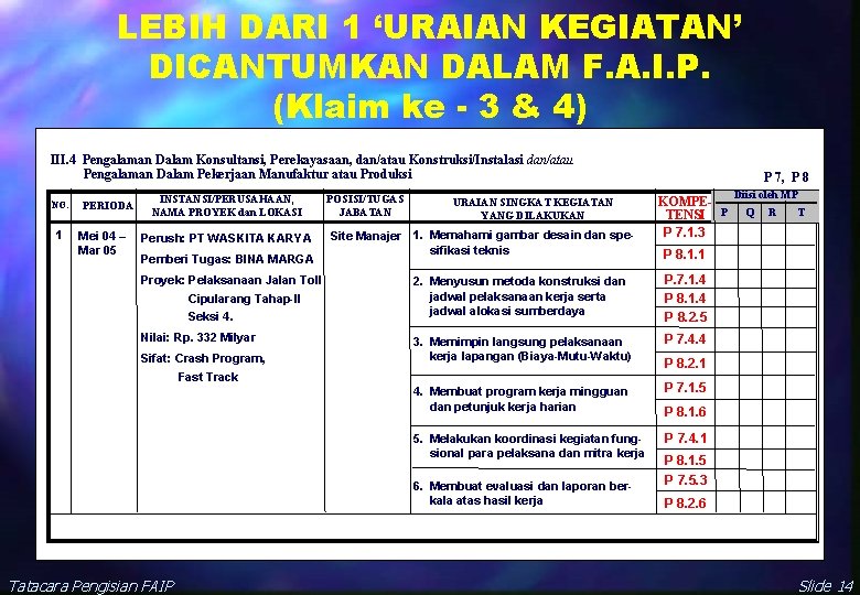 LEBIH DARI 1 ‘URAIAN KEGIATAN’ DICANTUMKAN DALAM F. A. I. P. (Klaim ke -