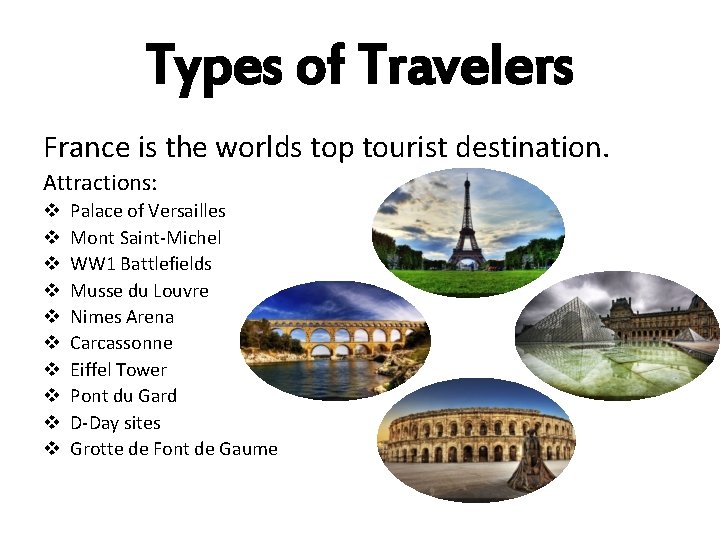 Types of Travelers France is the worlds top tourist destination. Attractions: v v v