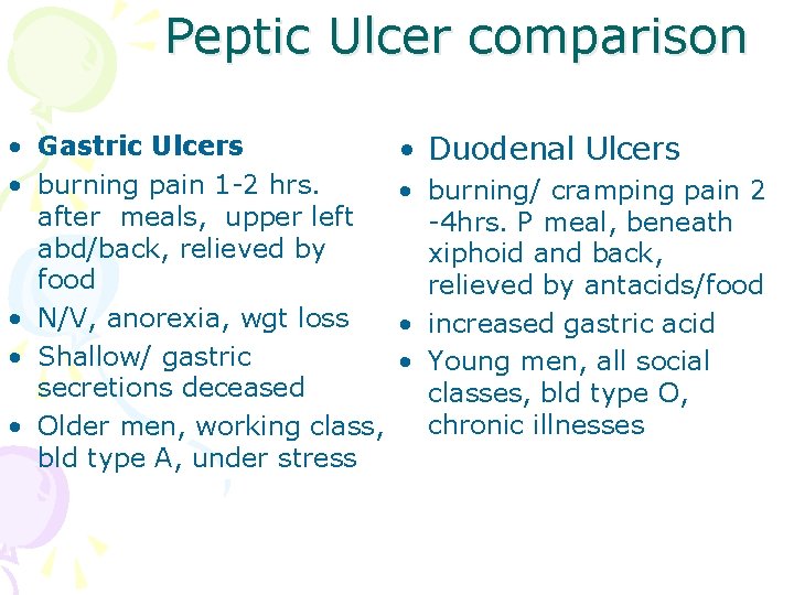 Peptic Ulcer comparison • Gastric Ulcers • burning pain 1 -2 hrs. after meals,