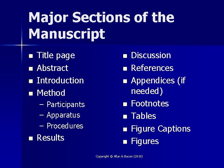 Major Sections of the Manuscript n n Title page Abstract Introduction Method – –