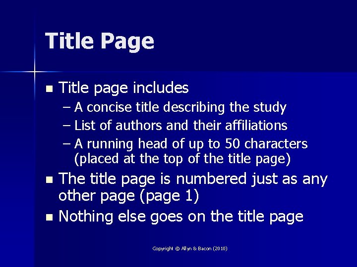 Title Page n Title page includes – A concise title describing the study –