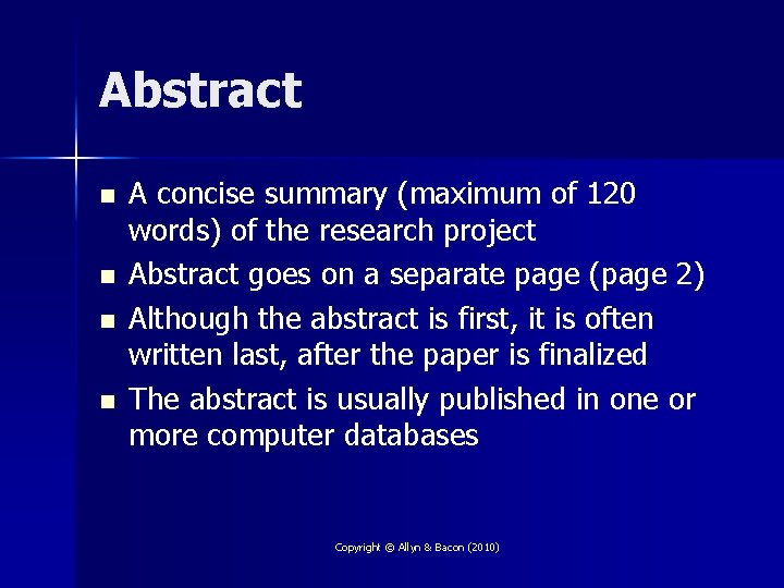 Abstract n n A concise summary (maximum of 120 words) of the research project