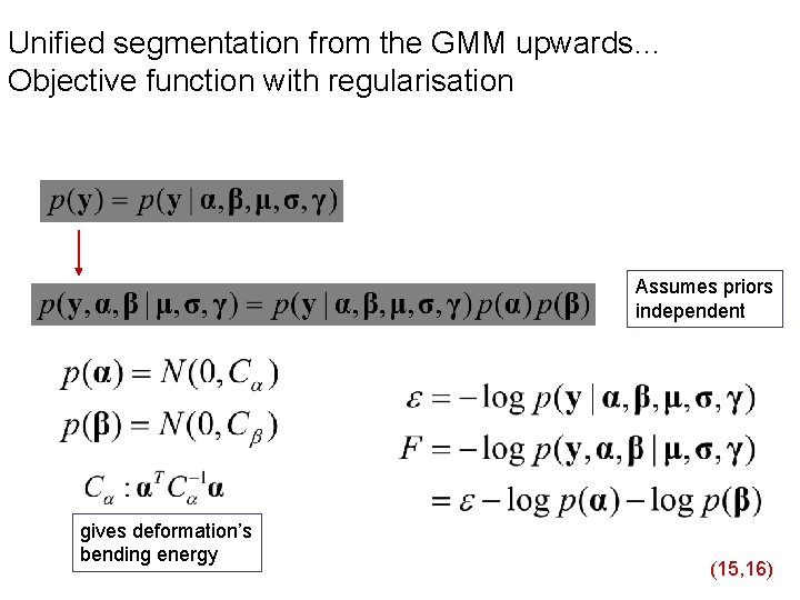 Unified segmentation from the GMM upwards… Objective function with regularisation Assumes priors independent gives