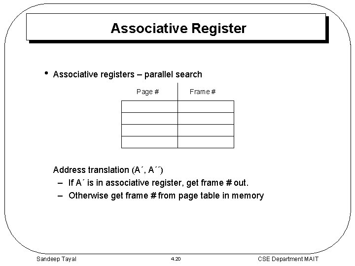 Associative Register • Associative registers – parallel search Page # Frame # Address translation