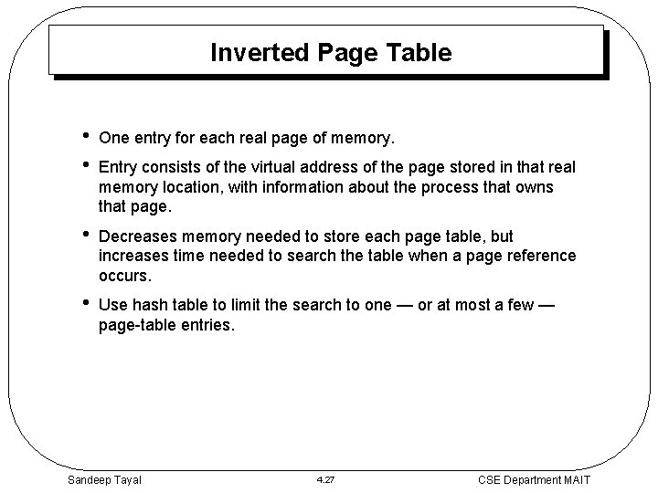 Inverted Page Table • • One entry for each real page of memory. •