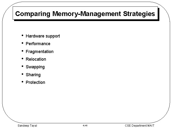 Comparing Memory-Management Strategies • • Hardware support Performance Fragmentation Relocation Swapping Sharing Protection Sandeep
