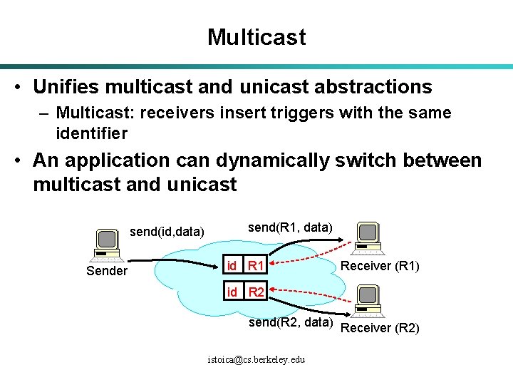 Multicast • Unifies multicast and unicast abstractions – Multicast: receivers insert triggers with the