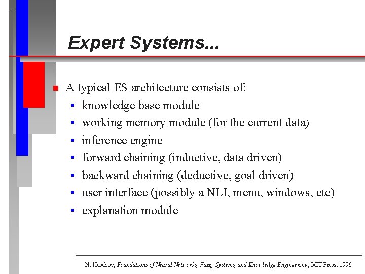 Expert Systems. . . n A typical ES architecture consists of: • knowledge base