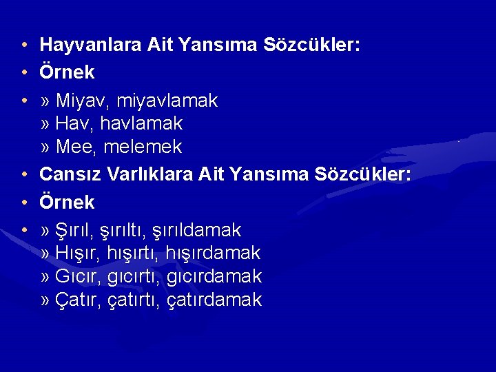  • Hayvanlara Ait Yansıma Sözcükler: • Örnek • » Miyav, miyavlamak » Hav,