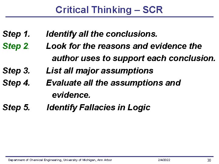 Critical Thinking – SCR Step 1. Step 2. Step 3. Step 4. Step 5. Critical Thinking – SCR Step 1. Step 2. Step 3. Step 4. Step 5.