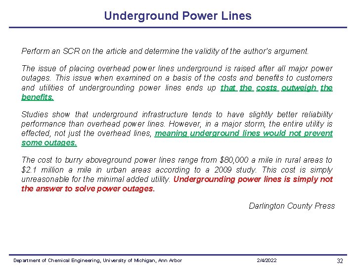 Underground Power Lines Perform an SCR on the article and determine the validity of Underground Power Lines Perform an SCR on the article and determine the validity of