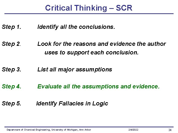 Critical Thinking – SCR Step 1. Identify all the conclusions. Step 2. Look for Critical Thinking – SCR Step 1. Identify all the conclusions. Step 2. Look for