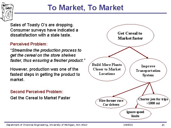 To Market, To Market Sales of Toasty O’s are dropping. Consumer surveys have indicated To Market, To Market Sales of Toasty O’s are dropping. Consumer surveys have indicated