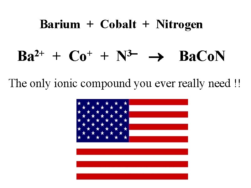 Barium + Cobalt + Nitrogen 2+ Ba + + Co + 3 N Ba. Barium + Cobalt + Nitrogen 2+ Ba + + Co + 3 N Ba.