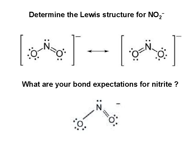Determine the Lewis structure for NO 2 - What are your bond expectations for Determine the Lewis structure for NO 2 - What are your bond expectations for