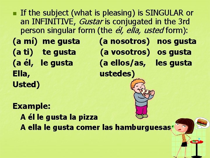 If the subject (what is pleasing) is SINGULAR or an INFINITIVE, Gustar is conjugated