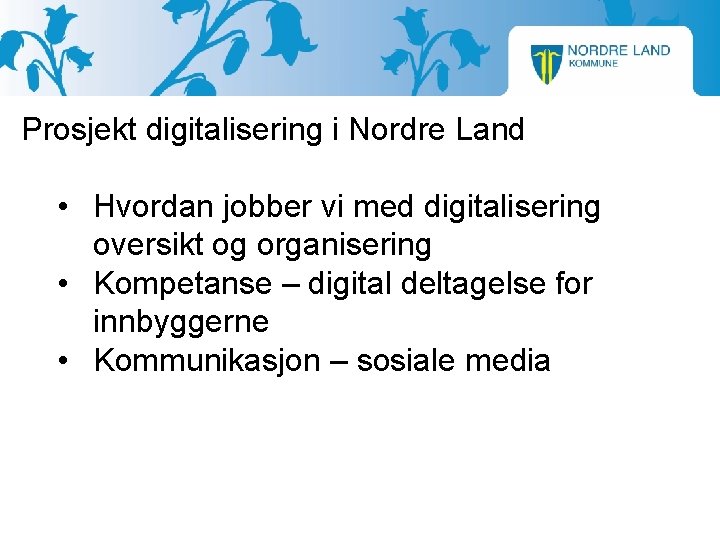 Prosjekt digitalisering i Nordre Land • Hvordan jobber vi med digitalisering oversikt og organisering