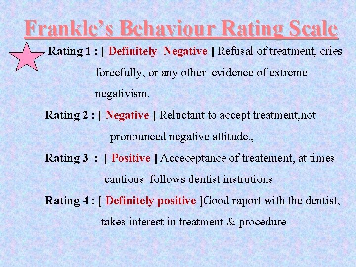 Frankle’s Behaviour Rating Scale Rating 1 : [ Definitely Negative ] Refusal of treatment,