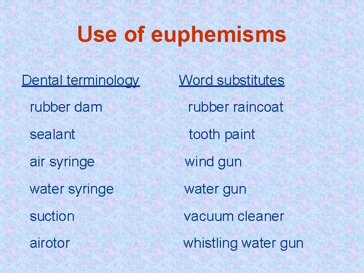Use of euphemisms Dental terminology Word substitutes rubber dam rubber raincoat sealant tooth paint