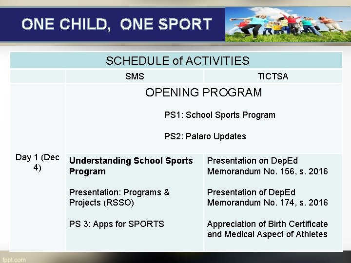 ONE CHILD, ONE SPORT SCHEDULE of ACTIVITIES SMS TICTSA OPENING PROGRAM PS 1: School