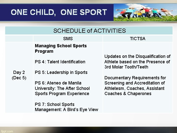 ONE CHILD, ONE SPORT SCHEDULE of ACTIVITIES SMS TICTSA Managing School Sports Program PS