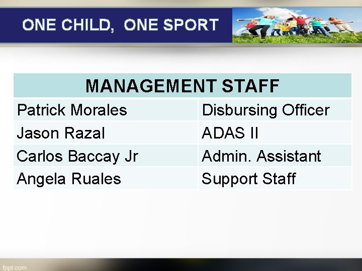 ONE CHILD, ONE SPORT MANAGEMENT STAFF Patrick Morales Jason Razal Carlos Baccay Jr Angela