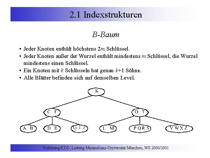 2. 1 Indexstrukturen B-Baum • Jeder Knoten enthält höchstens 2 m Schlüssel. • Jeder