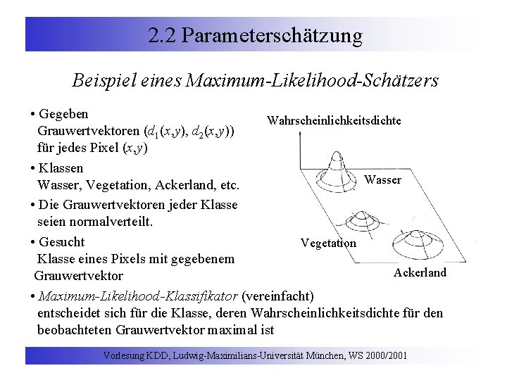 2. 2 Parameterschätzung Beispiel eines Maximum-Likelihood-Schätzers • Gegeben Wahrscheinlichkeitsdichte Grauwertvektoren (d 1(x, y), d