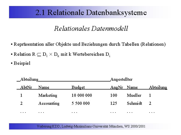 2. 1 Relationale Datenbanksysteme Relationales Datenmodell • Repräsentation aller Objekte und Beziehungen durch Tabellen