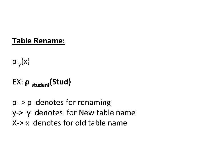 Table Rename: ρ y(x) EX: ρ student(Stud) ρ -> ρ denotes for renaming y->