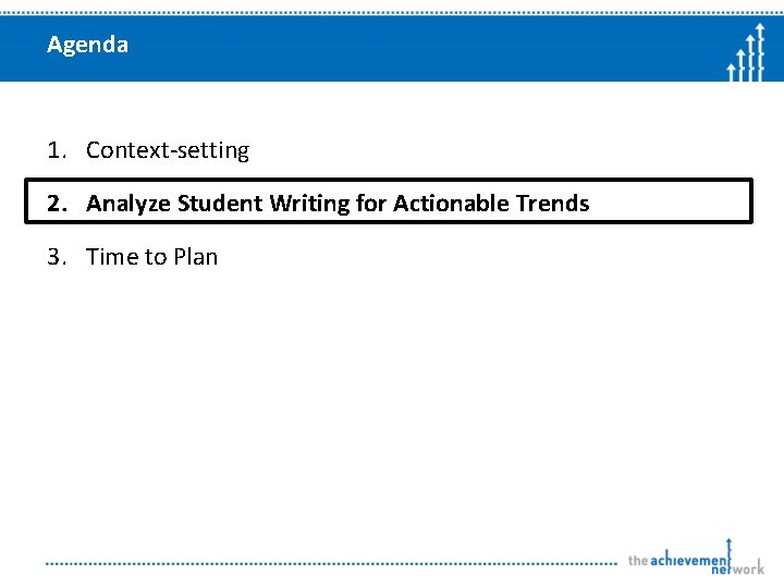 Agenda 1. Context-setting 2. Analyze Student Writing for Actionable Trends 3. Time to Plan