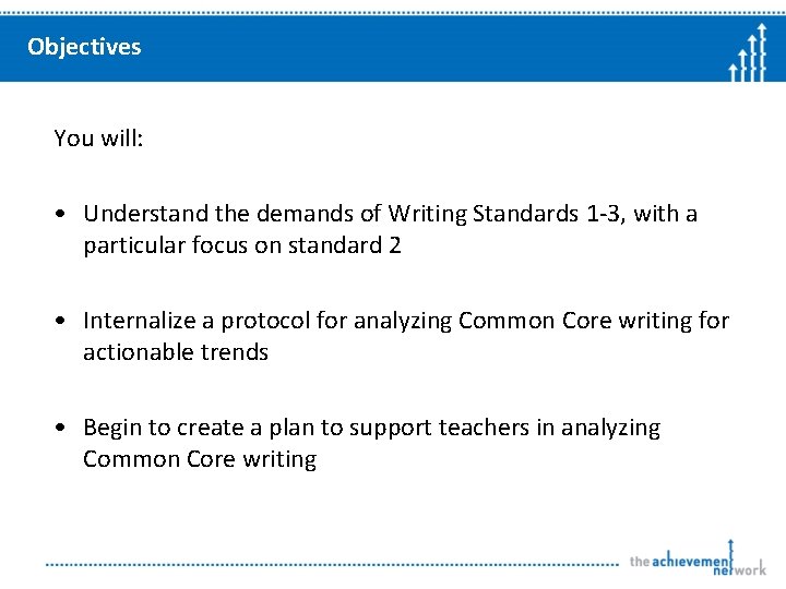 Objectives You will: • Understand the demands of Writing Standards 1 -3, with a