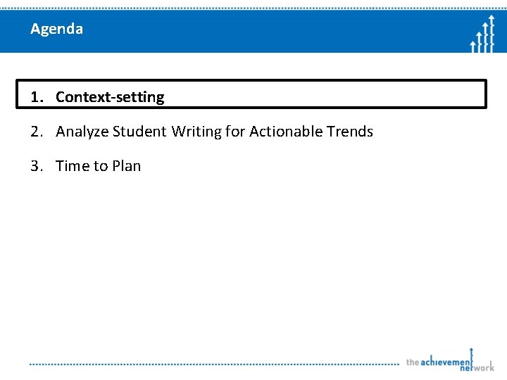 Agenda 1. Context-setting 2. Analyze Student Writing for Actionable Trends 3. Time to Plan