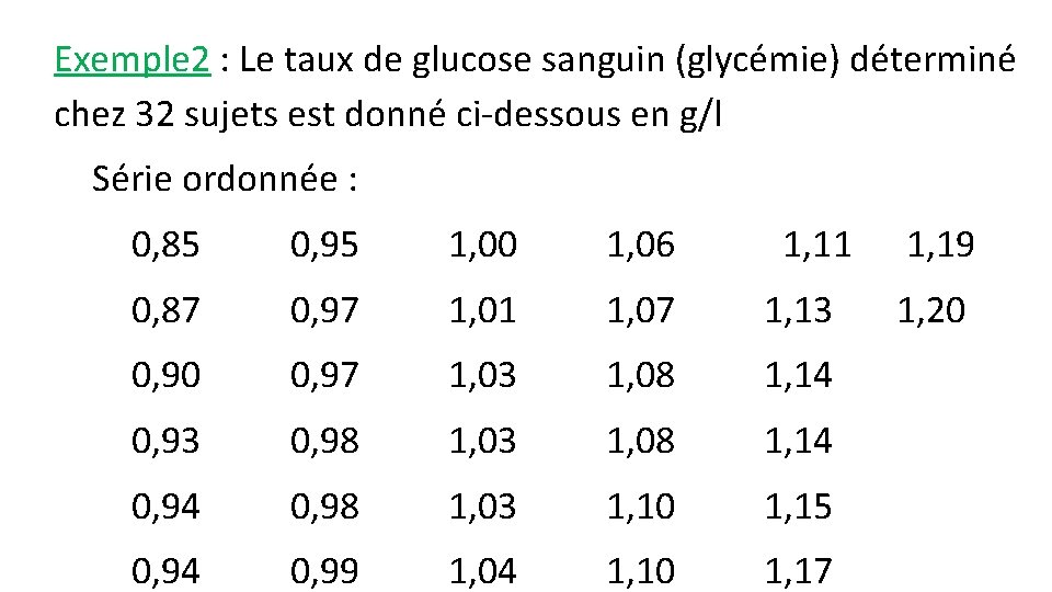 Exemple 2 : Le taux de glucose sanguin (glycémie) déterminé chez 32 sujets est