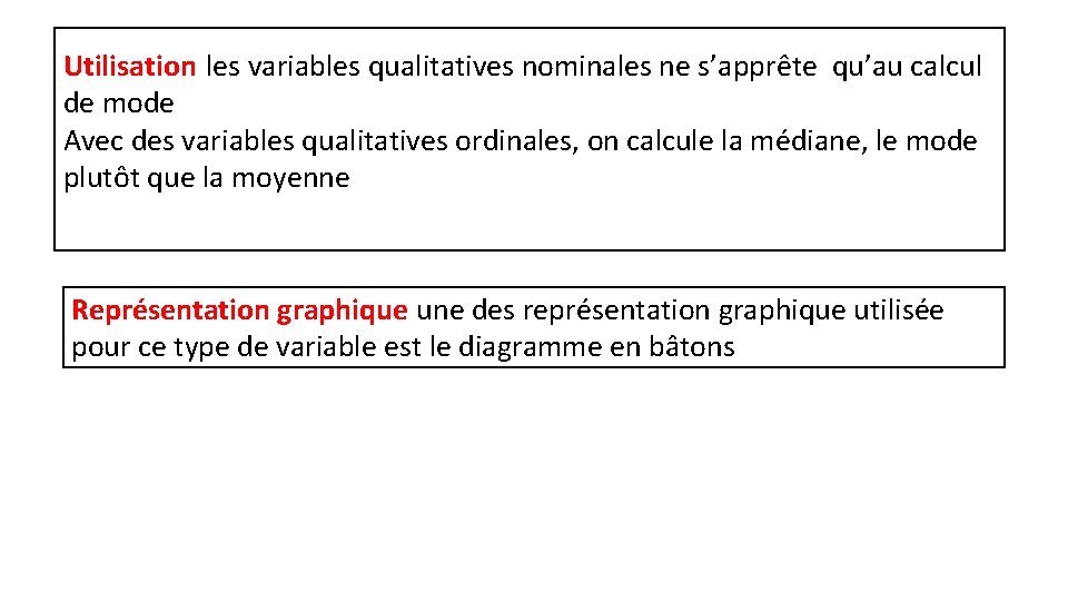 Utilisation les variables qualitatives nominales ne s’apprête qu’au calcul de mode Avec des variables