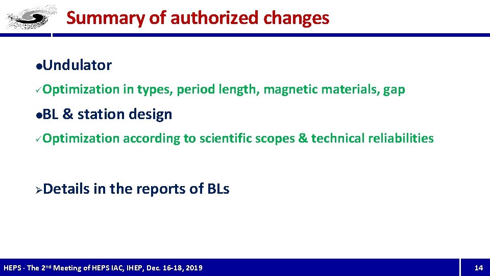 Summary of authorized changes l ü Optimization in types, period length, magnetic materials, gap