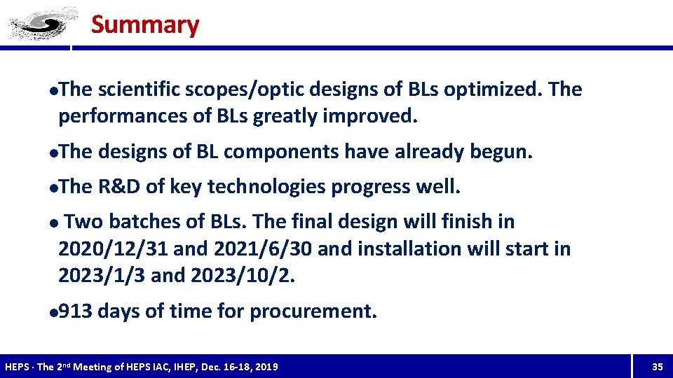 Summary The scientific scopes/optic designs of BLs optimized. The performances of BLs greatly improved.