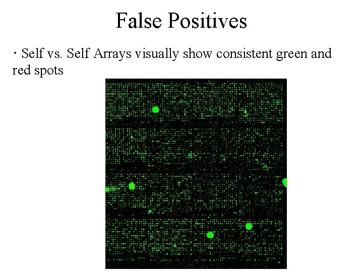 False Positives · Self vs. Self Arrays visually show consistent green and red spots