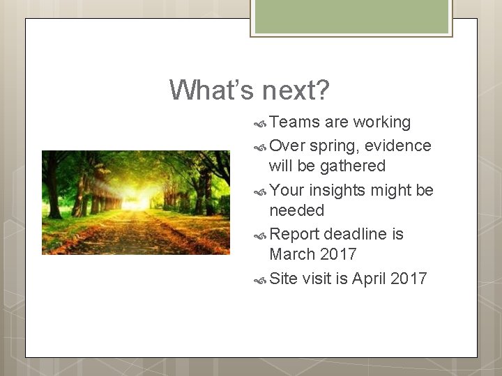 What’s next? Teams are working Over spring, evidence will be gathered Your insights might