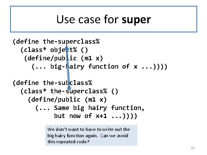 Use case for super (define the-superclass% (class* object% () (define/public (m 1 x) (.