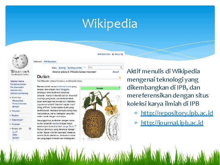 Wikipedia Aktif menulis di Wikipedia mengenai teknologi yang dikembangkan di IPB, dan mereferensikan dengan