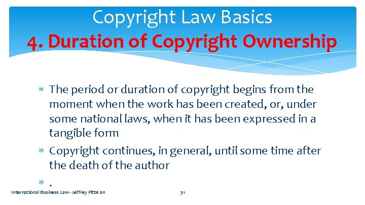 Copyright Law Basics 4. Duration of Copyright Ownership The period or duration of copyright