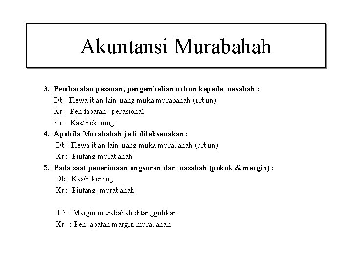 Akuntansi Murabahah 3. Pembatalan pesanan, pengembalian urbun kepada nasabah : Db : Kewajiban lain-uang