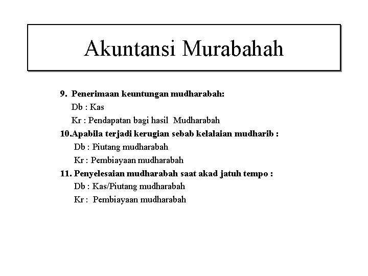 Akuntansi Murabahah 9. Penerimaan keuntungan mudharabah: Db : Kas Kr : Pendapatan bagi hasil