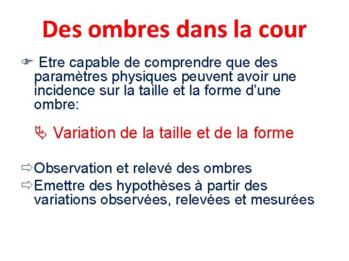 Des ombres dans la cour Etre capable de comprendre que des paramètres physiques peuvent