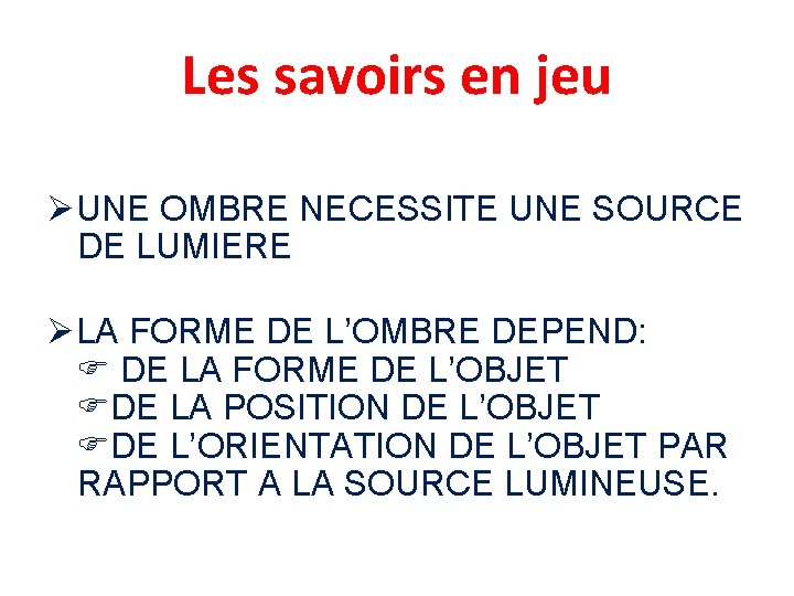 Les savoirs en jeu UNE OMBRE NECESSITE UNE SOURCE DE LUMIERE LA FORME DE