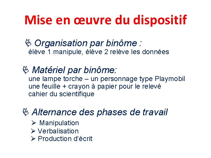 Mise en œuvre du dispositif Organisation par binôme : élève 1 manipule, élève 2